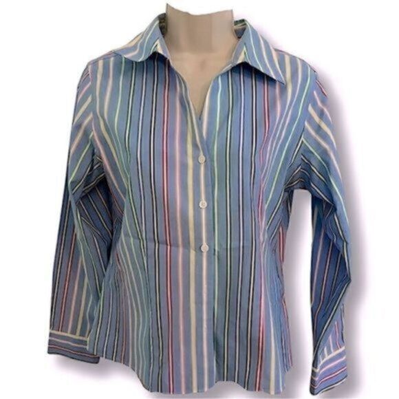 Westbound Tops - Y2K Women's Light Blue Striped Pastel Gold Label Button Down. Size 8